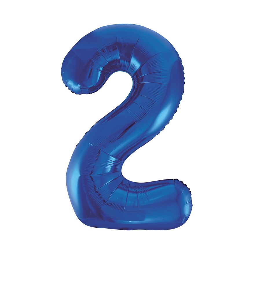 34-inch jumbo blue foil balloon shaped as the number 2 with a shiny metallic finish.