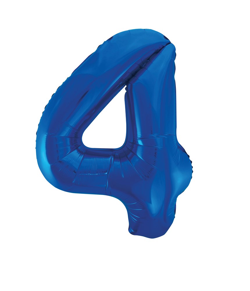 Shiny blue foil balloon shaped as the number 4, 34 inches tall, inflated and glossy.
