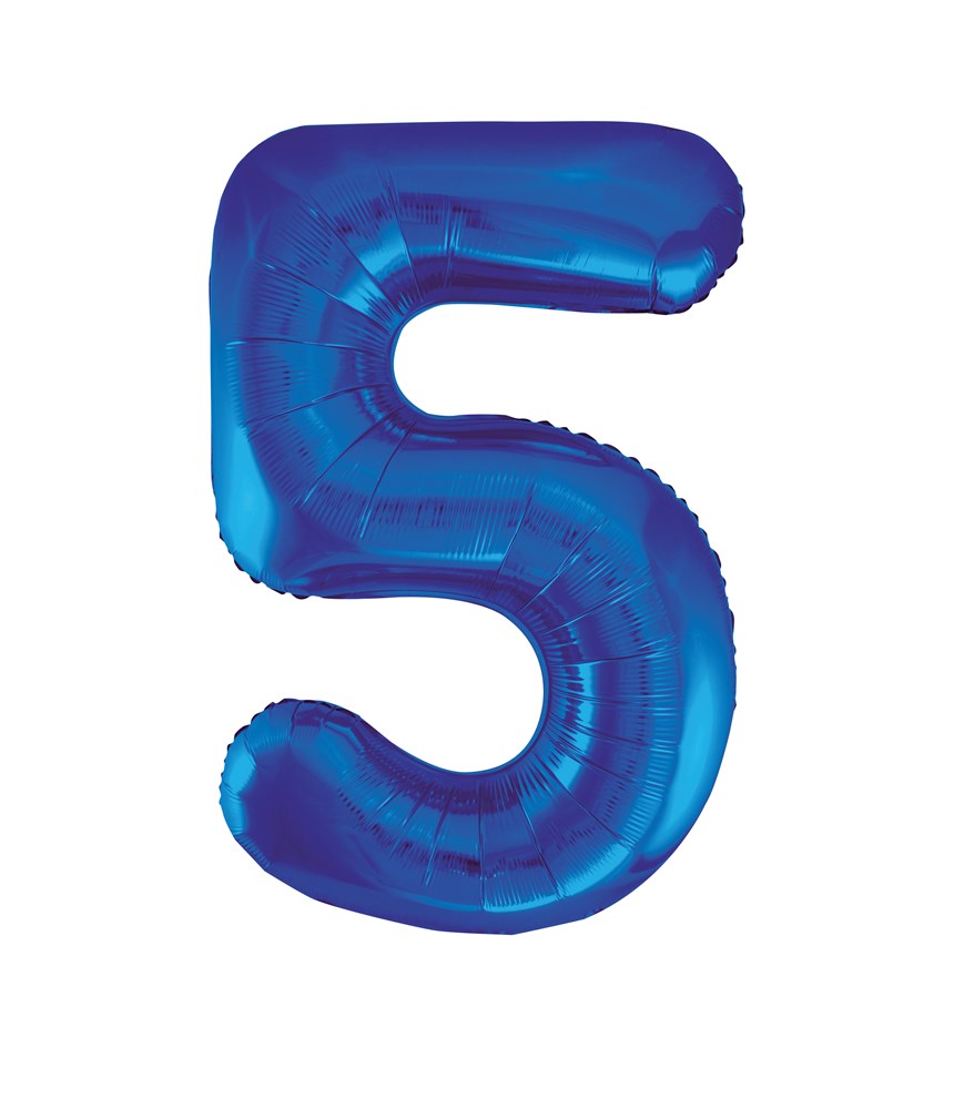 Blue metallic foil balloon in the shape of the number 5, 34 inches tall.