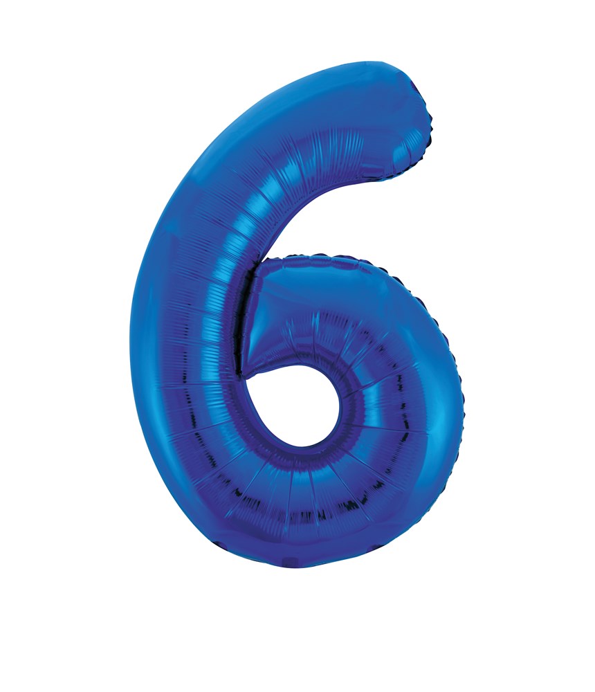 Shiny blue foil balloon shaped as the number 6, 34 inches tall, inflated and glossy.
