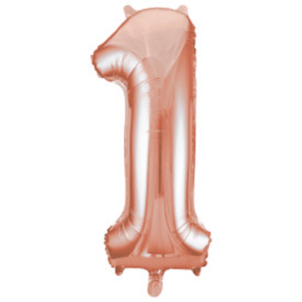 34-inch rose gold jumbo foil balloon shaped as number 1 with glossy finish.