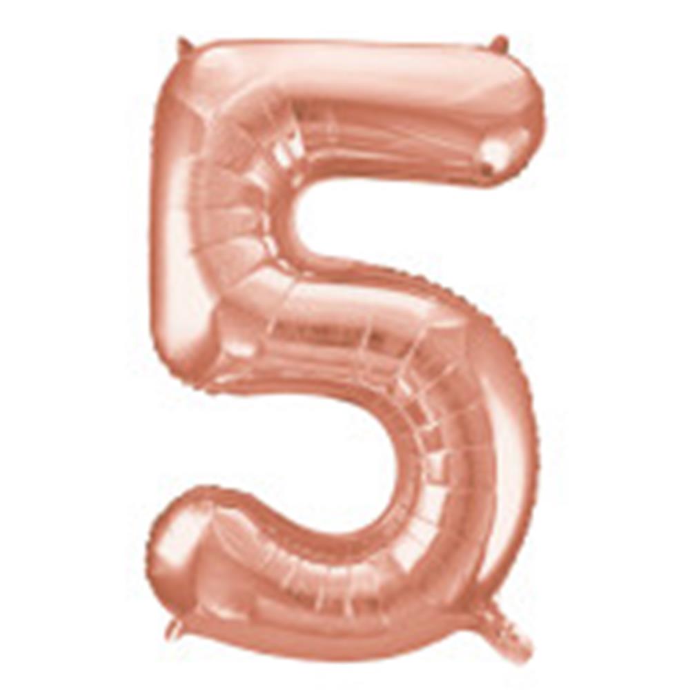 34-inch rose gold foil balloon shaped as the number 5 with a shiny metallic finish.