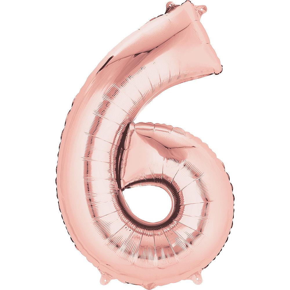34-inch rose gold foil balloon shaped like the number 6 with a shiny metallic finish.
