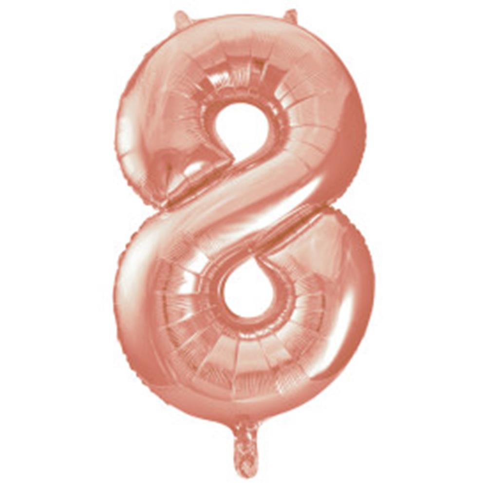 34-inch rose gold foil balloon shaped as the number 8 with a glossy finish.