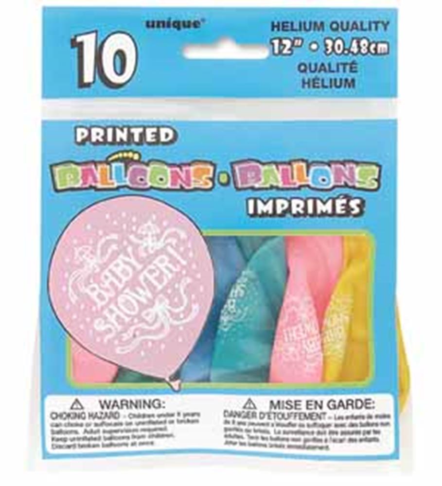 Pack of 10 pink, teal, and yellow 12-inch latex balloons with white "Baby Shower" print design.