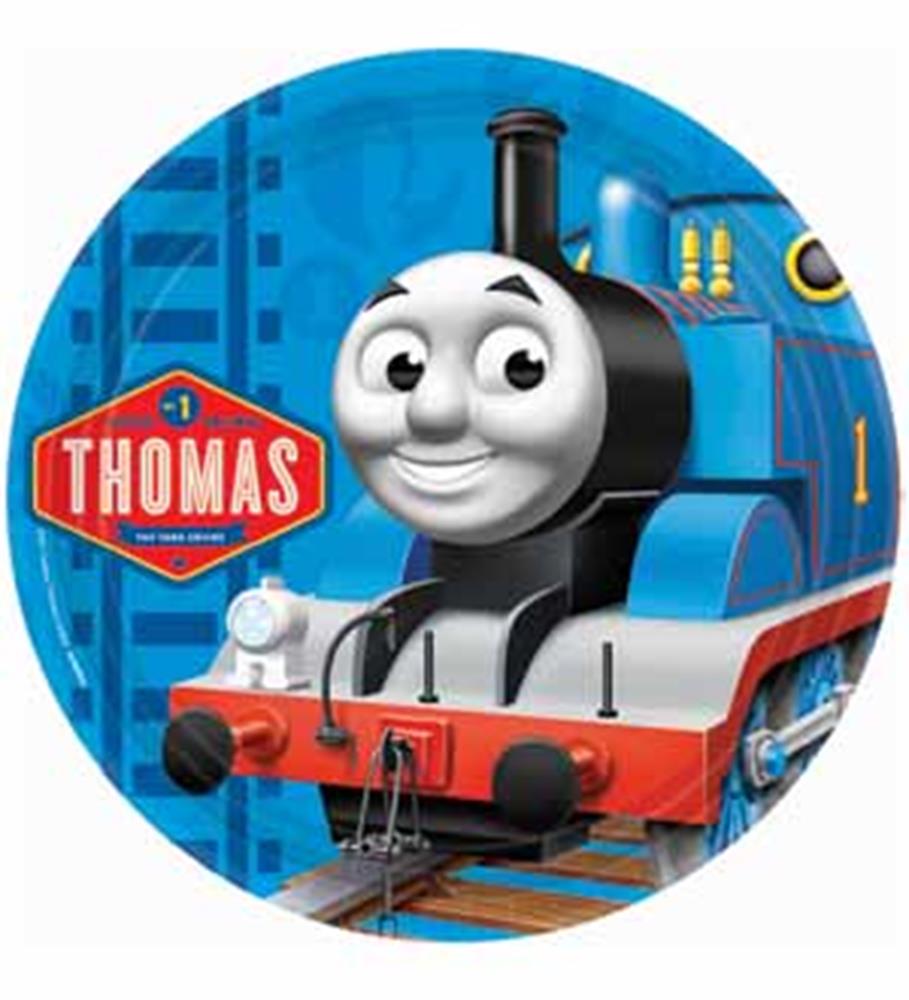 Round blue plastic plate featuring Thomas the Tank Engine with a smiling face and red accents.