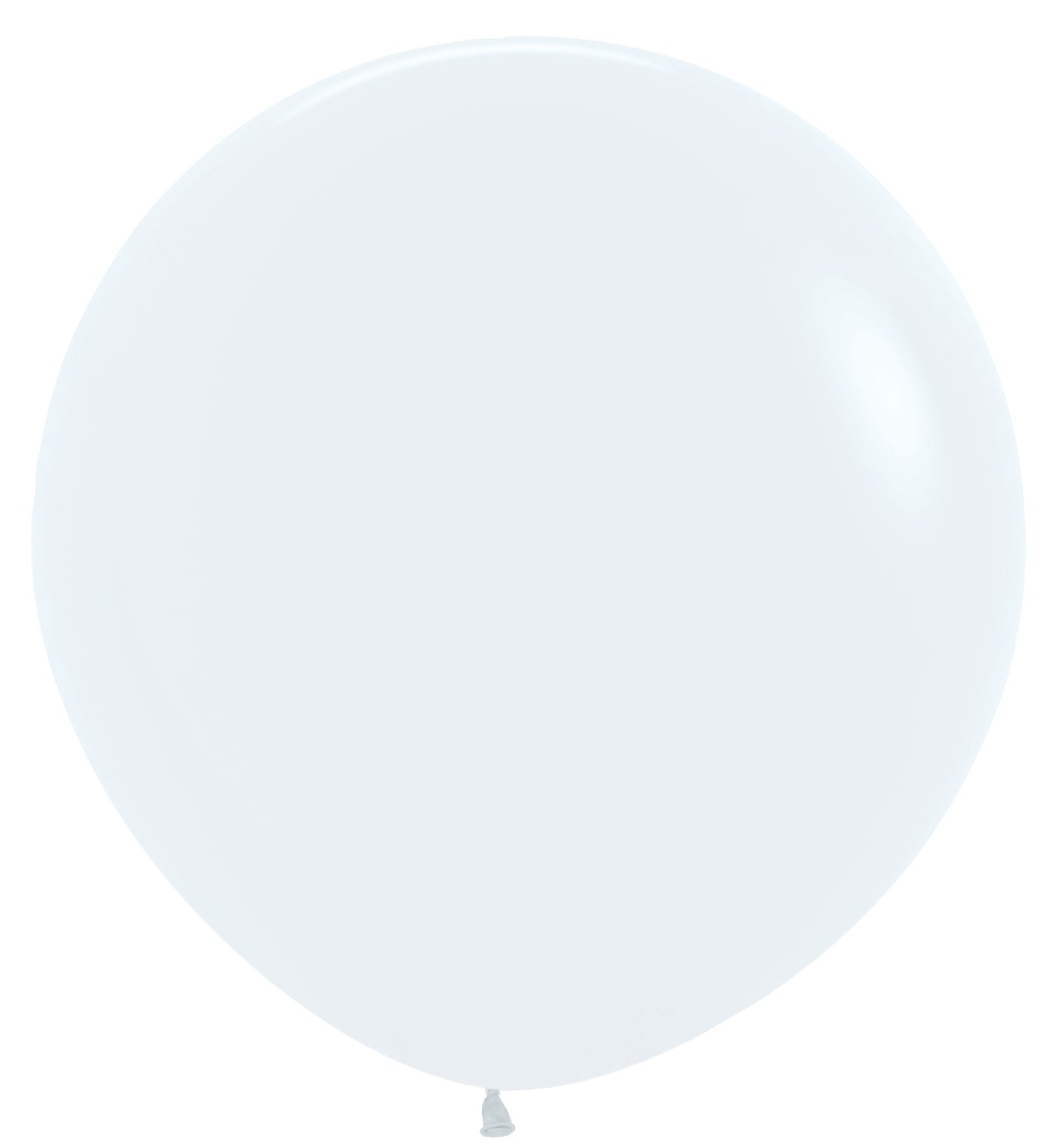 Large round white latex balloon with a smooth surface and tied end.