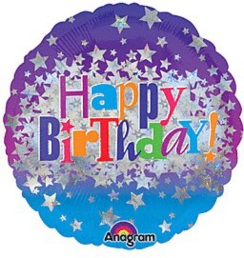 Round purple and blue mylar balloon with multicolored "Happy Birthday!" text and silver stars design.