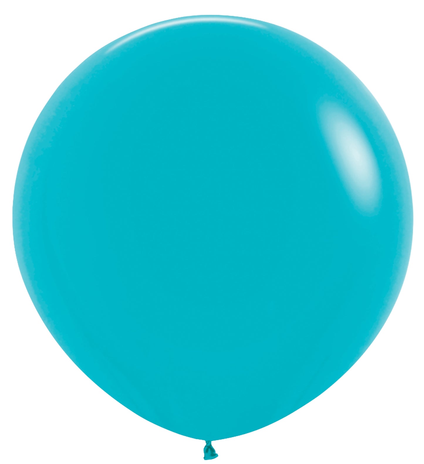 Two large, round turquoise blue latex balloons with a glossy finish and tied necks.
