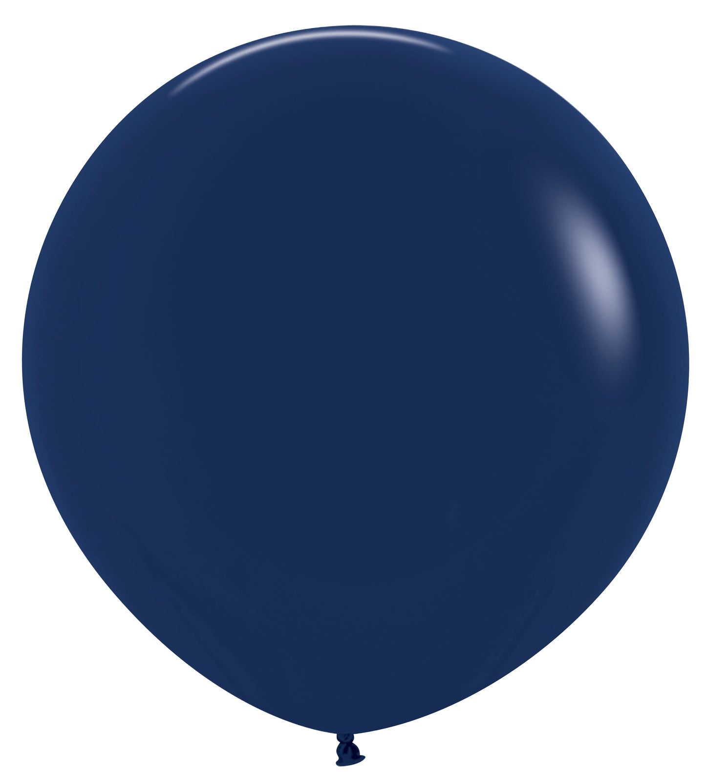 Two large, round navy blue latex balloons with a smooth, shiny surface, fully inflated and tied at the bottom.