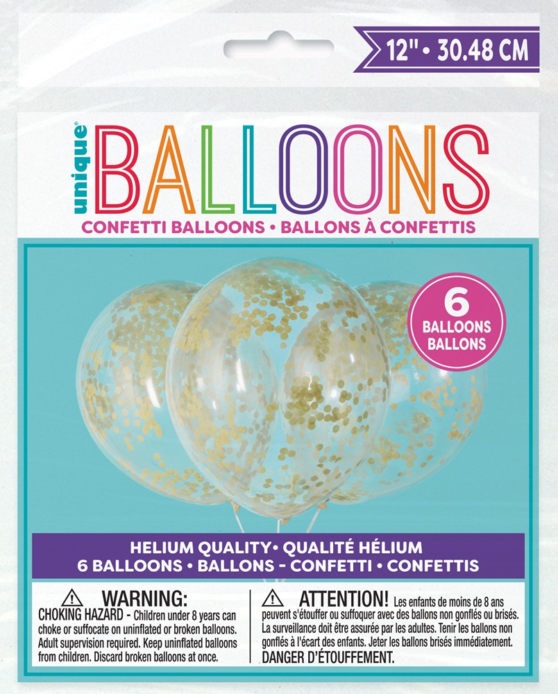 Clear 12-inch latex balloons filled with gold confetti, pack of six, party decoration.