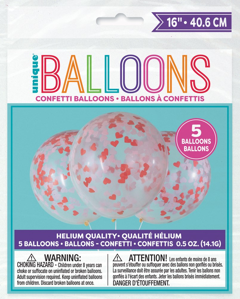 Clear 16-inch round balloons filled with red and pink heart-shaped confetti, pack of five, packaged for helium inflation.