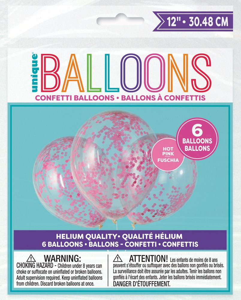 Clear 12-inch latex balloons filled with hot pink confetti, pack of six in sealed packaging.