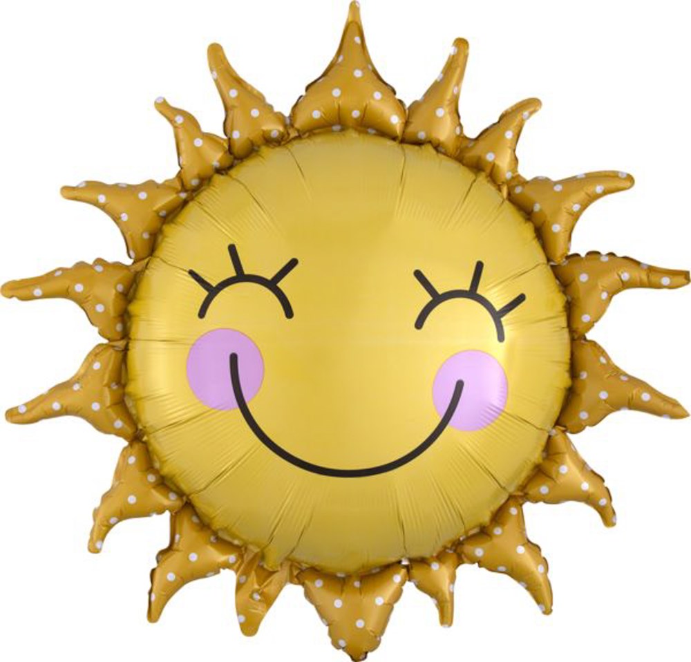 Round yellow foil balloon shaped like a sun with smiling face and brown sun rays with white polka dots.