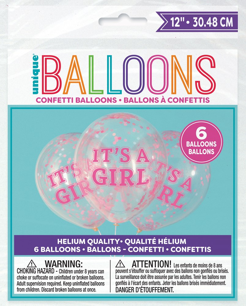 Set of six 12-inch clear latex balloons filled with pink confetti and "It's a Girl" text in pink.