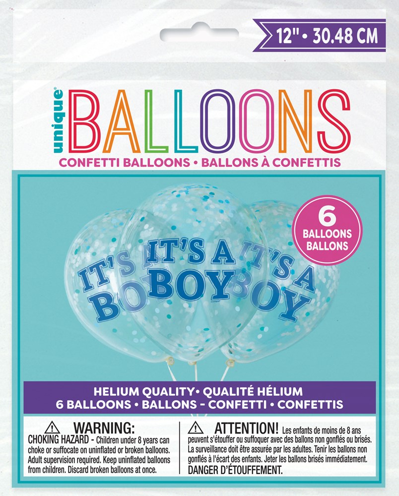 Set of six 12-inch clear latex balloons filled with blue confetti and blue "It's a Boy" text.
