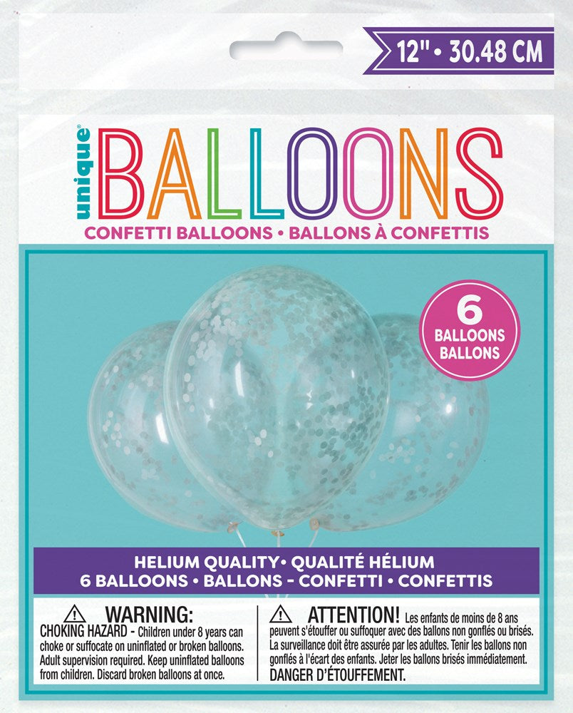 Set of six clear round balloons filled with silver confetti, 12-inch, helium quality packaging.