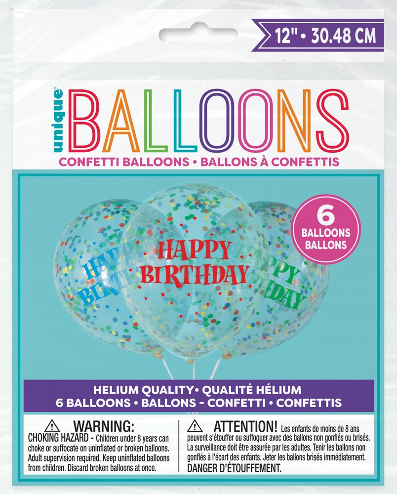 Set of six 12-inch clear latex balloons filled with colorful bright confetti and "Happy Birthday" text in blue, red, and.