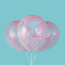 Set of three clear 12-inch latex balloons filled with shiny pink confetti particles.