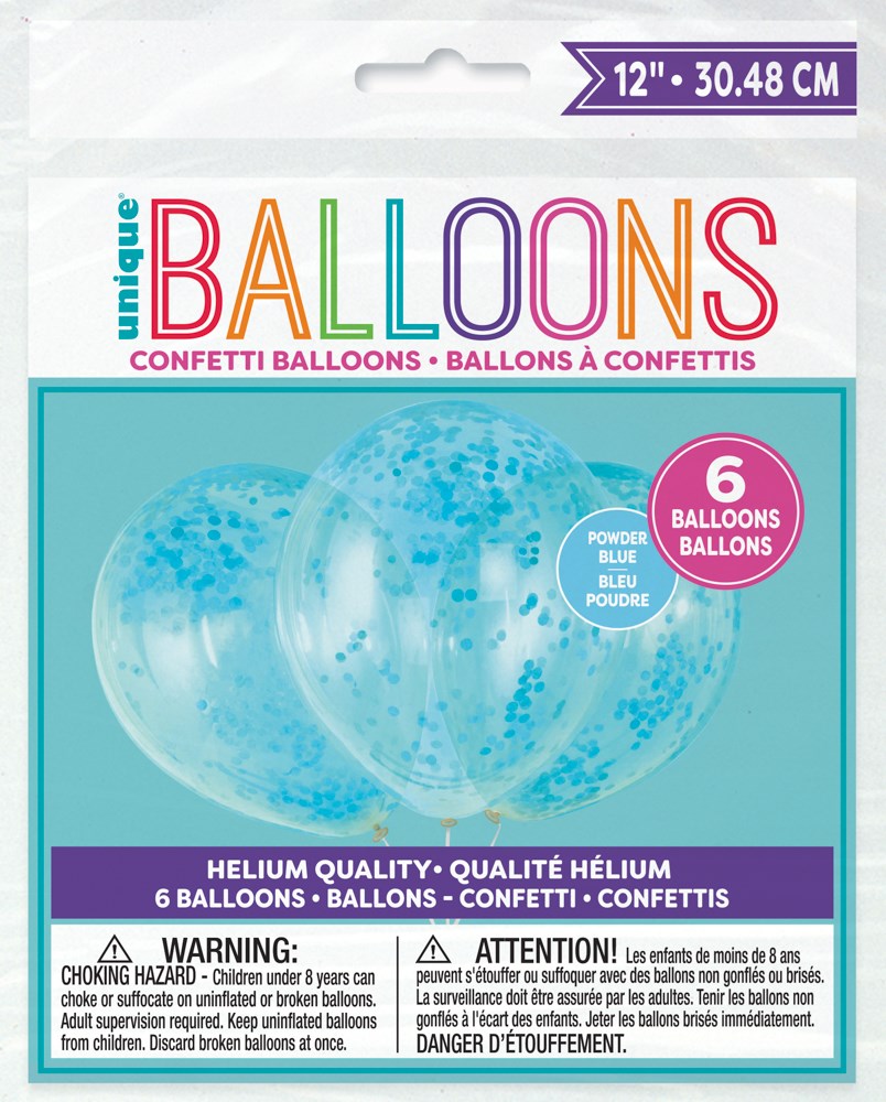 Clear 12-inch latex balloons filled with powder blue confetti, six-pack packaging.