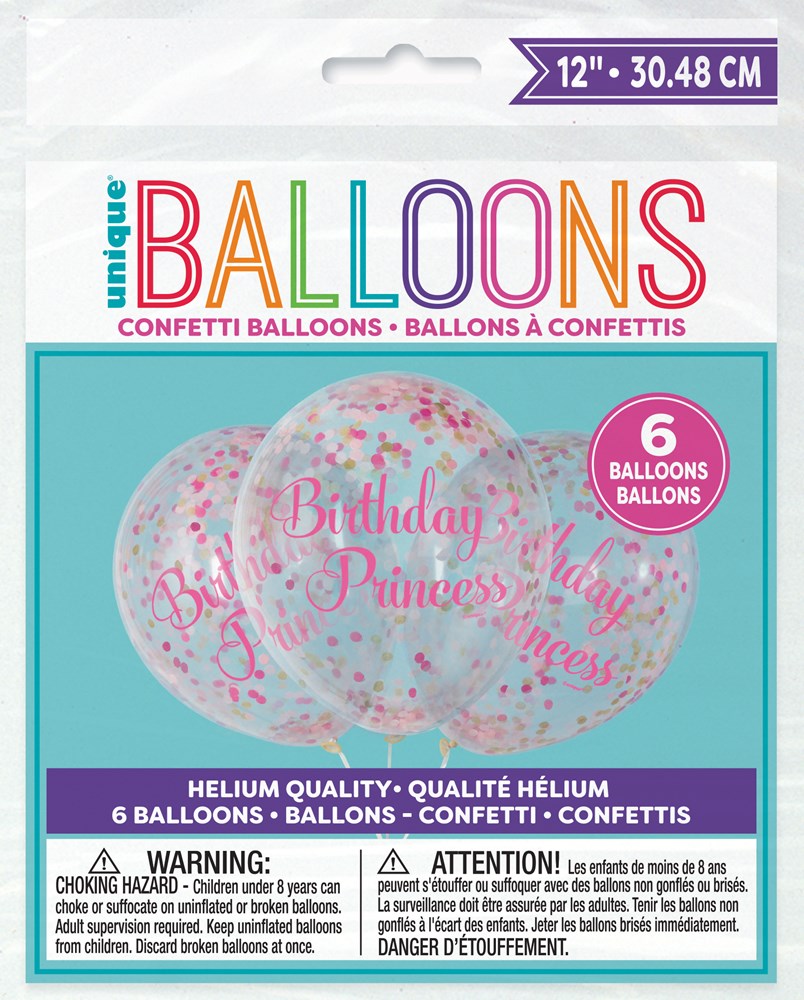 Six clear round latex balloons with pink confetti and "Birthday Princess" in pink script, 12-inch diameter.