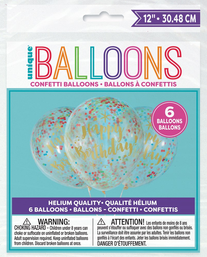 Set of six 12-inch clear latex balloons filled with gold confetti and "Happy Birthday" gold script text.