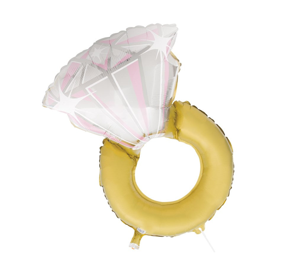 32-inch foil balloon shaped like a gold diamond ring with a white faceted gem top.