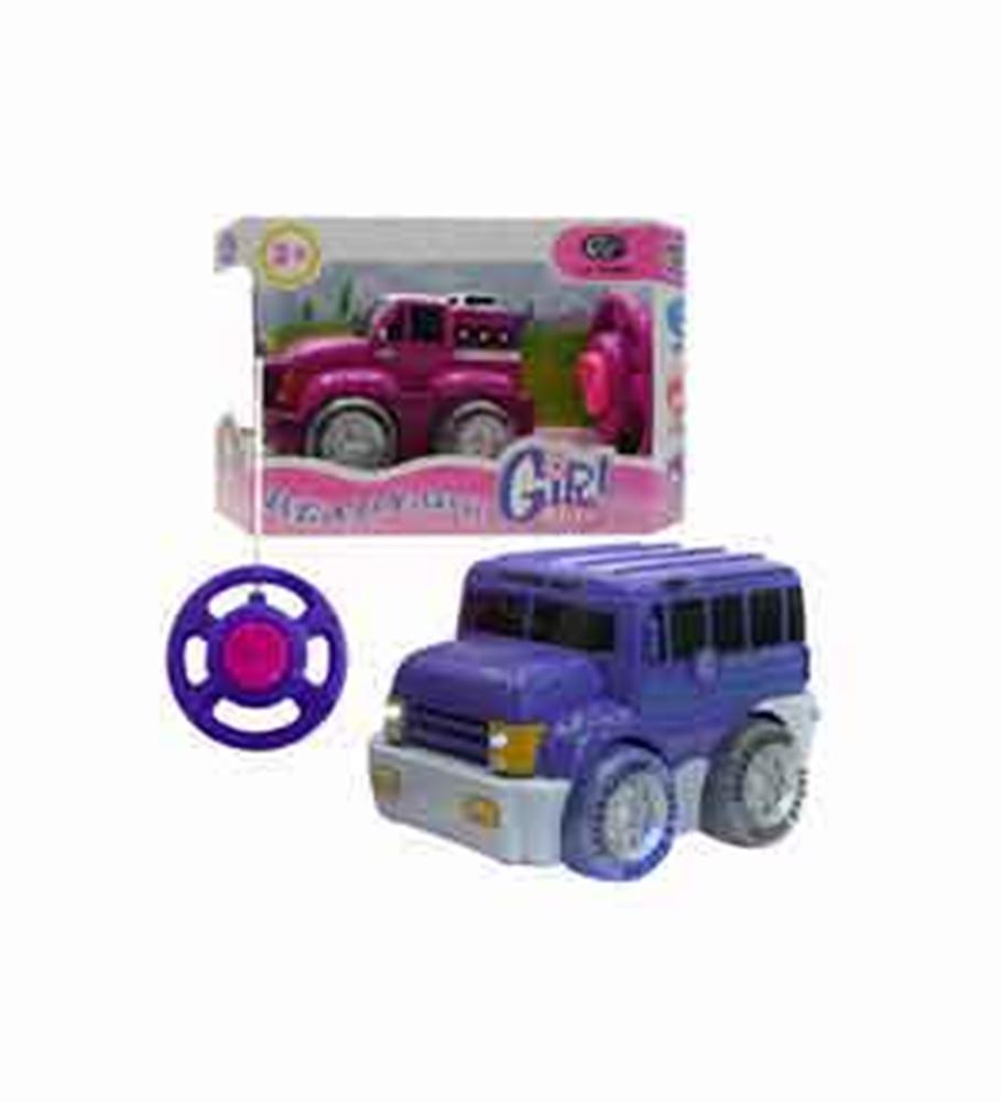 Purple 7-inch remote control toy car with large wheels and matching purple steering wheel controller in box labeled Girl.