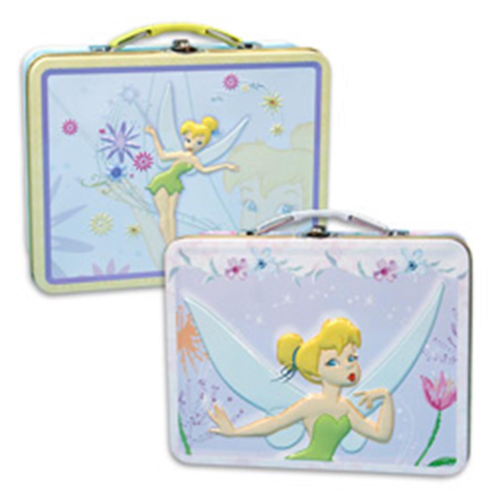Two rectangular metal lunch boxes featuring Tinkerbell illustrations, pastel colors, and metal handles.