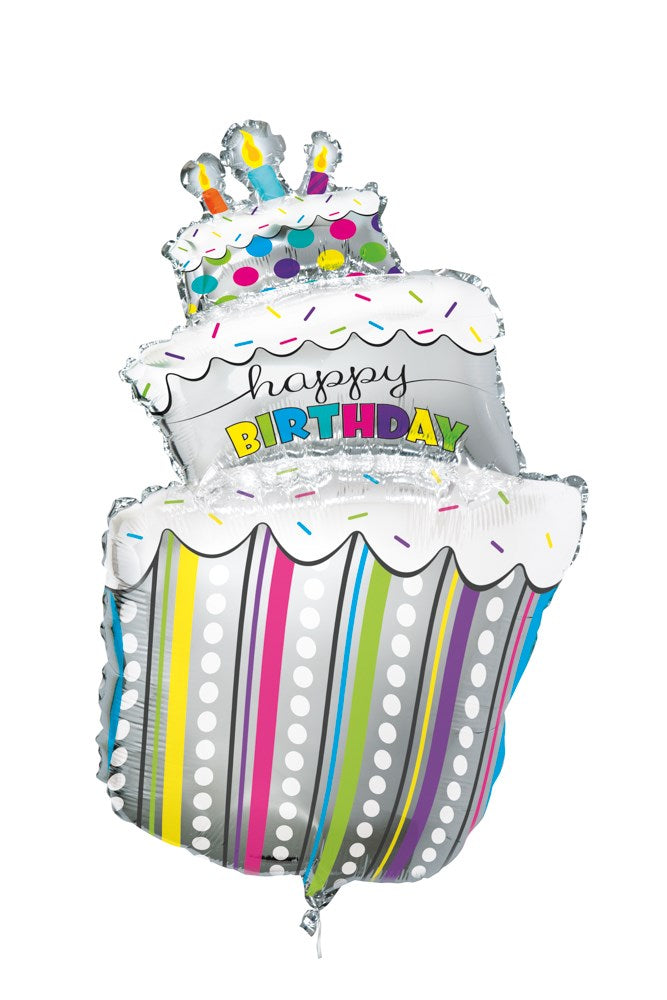 40-inch foil balloon shaped like a colorful birthday cake with candles and "Happy Birthday" text.