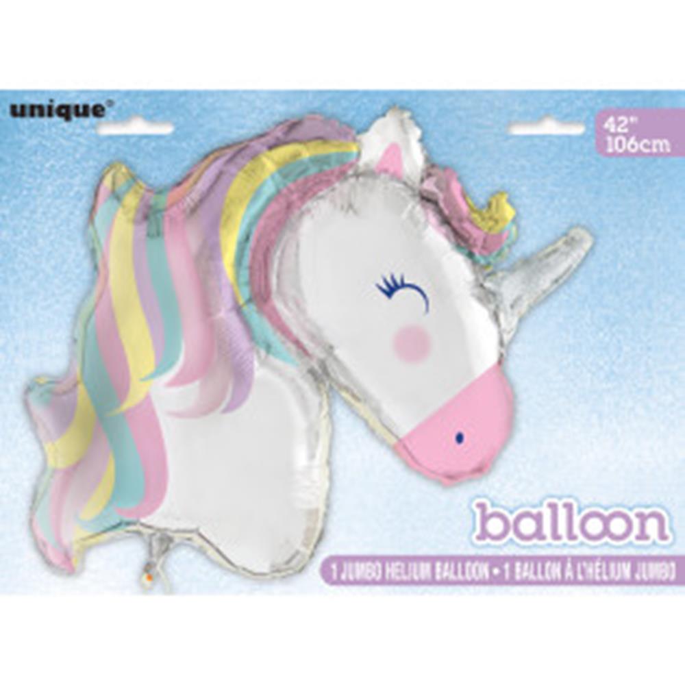 42-inch foil balloon shaped like a unicorn head with pastel rainbow mane and silver horn.