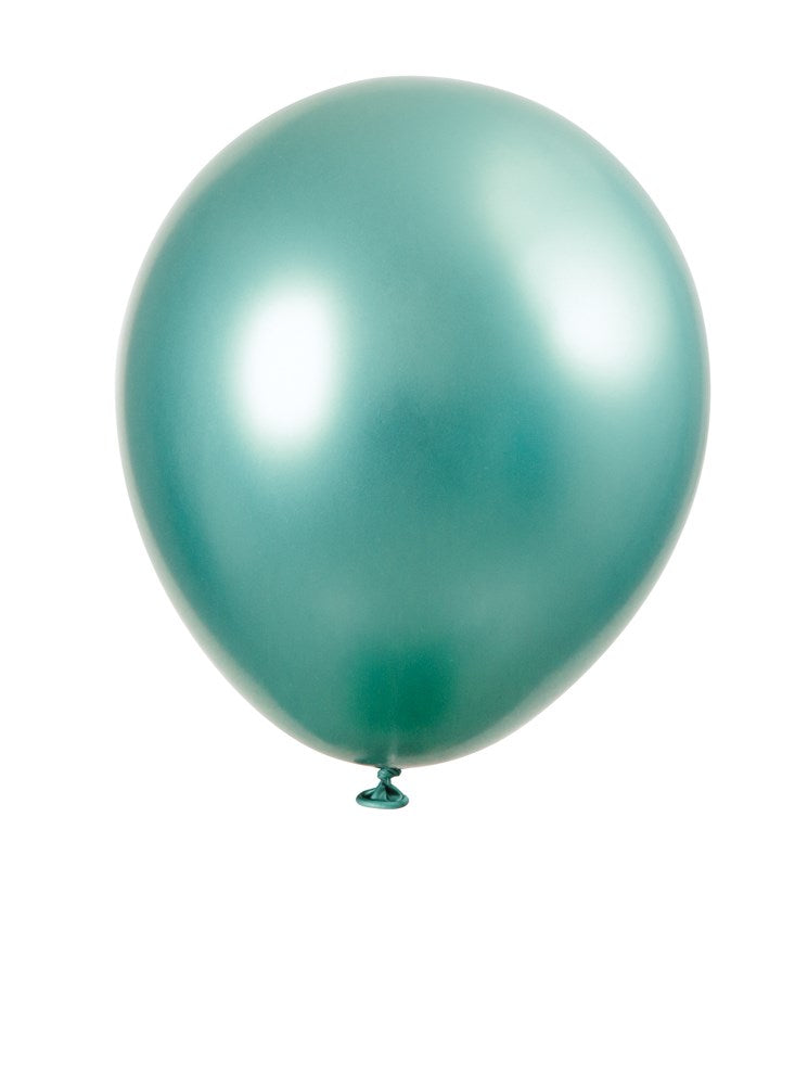 Shiny teal latex balloon inflated, round 11-inch shape with tied end.