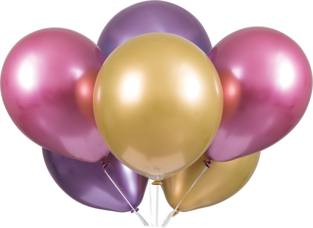 Assorted 11-inch platinum latex balloons in pink, purple, and gold, shiny finish, six-pack.