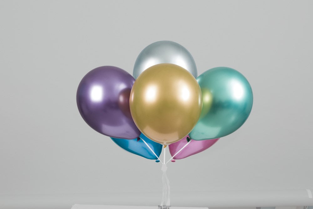Six 11-inch latex balloons in metallic platinum purple, gold, teal, silver, blue, and pink colors clustered together.