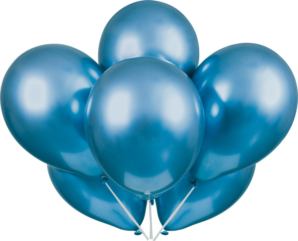 Six shiny metallic blue latex balloons inflated and gathered together on white strings.