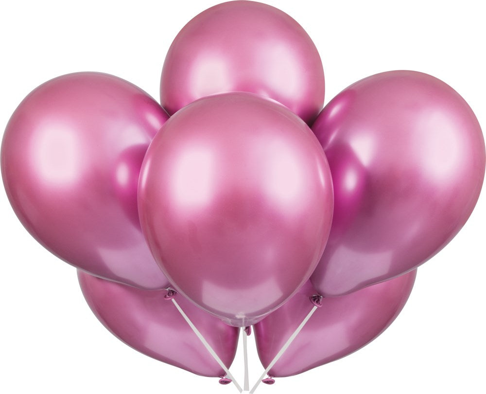 Set of six shiny pink latex balloons with a smooth, round shape and 11-inch size.