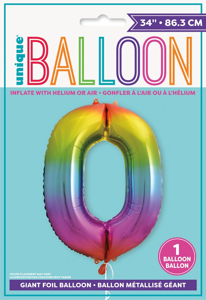34-inch jumbo foil balloon shaped like number zero with rainbow gradient colors.
