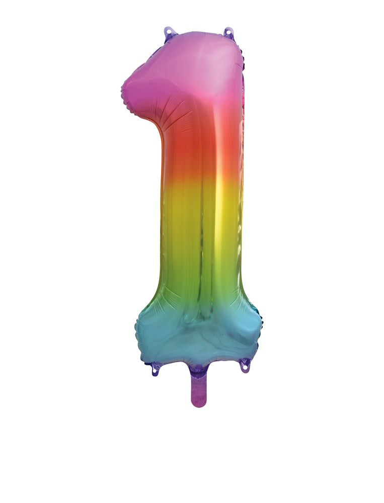 34-inch jumbo foil balloon in the shape of number 1 with a gradient rainbow color finish.