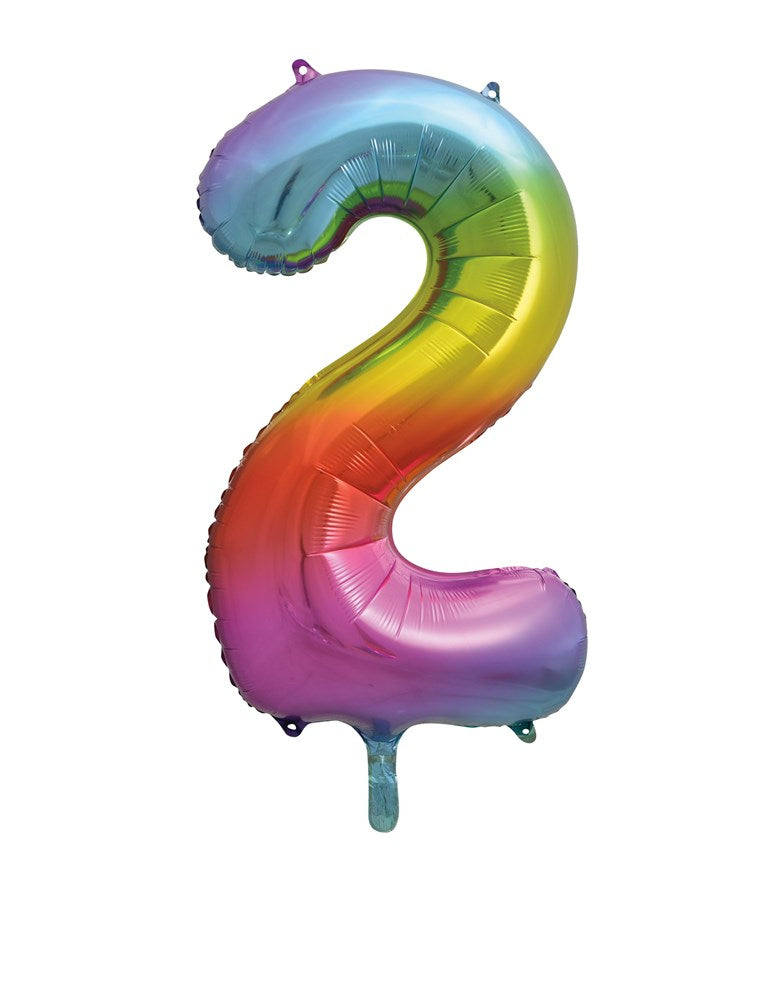 34-inch rainbow foil balloon shaped like the number 2 with glossy finish.