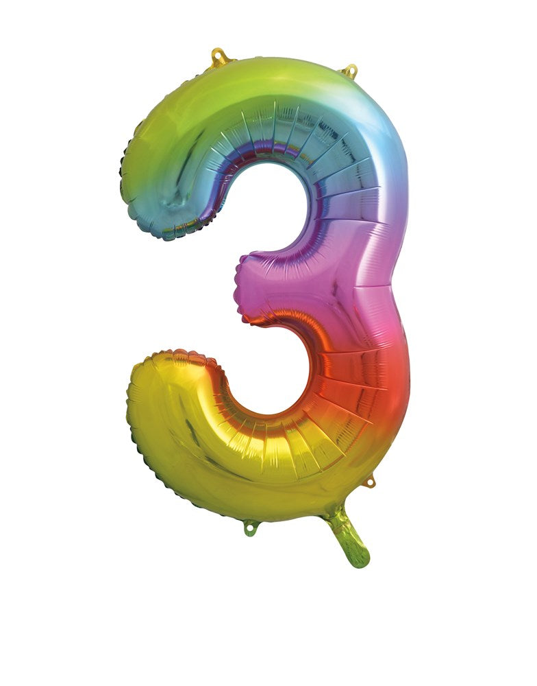 34-inch jumbo foil balloon shaped as number 3 with a gradient rainbow finish.