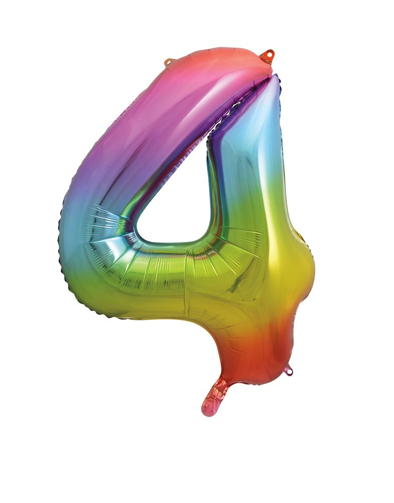 34-inch foil balloon shaped like the number 4 with a rainbow gradient finish.