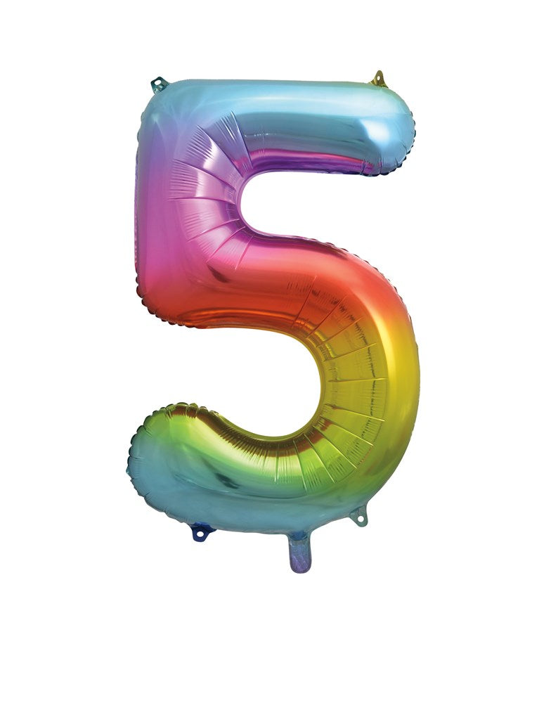 34-inch foil balloon shaped as number 5 with a shiny rainbow gradient finish.