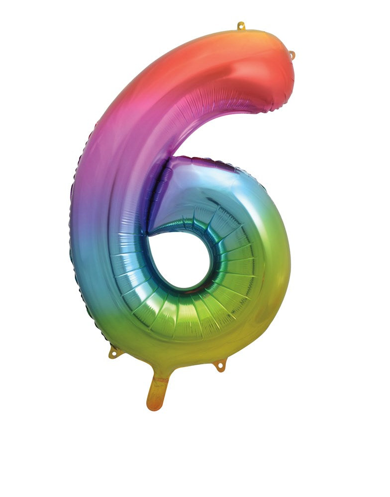 34-inch jumbo foil balloon shaped as number 6 with a rainbow gradient finish.