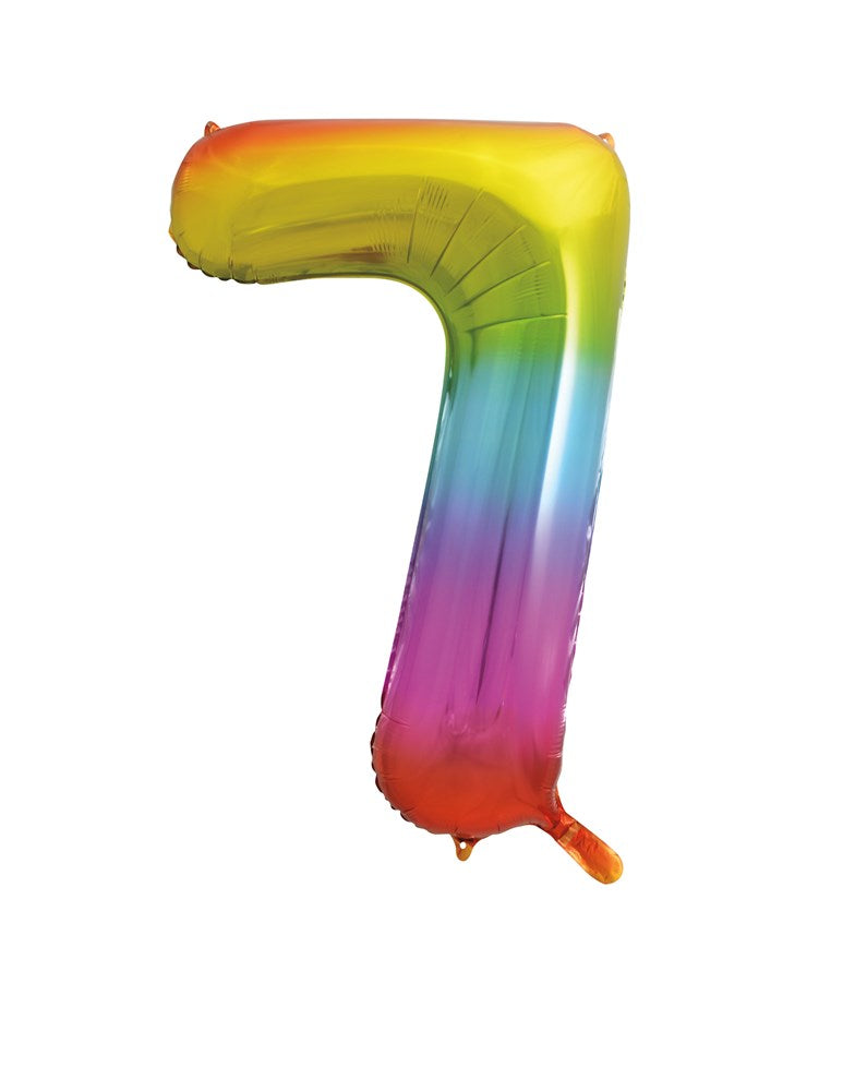 34-inch foil balloon shaped as number 7 with a shiny rainbow gradient finish.