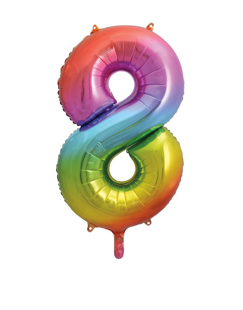 34-inch foil balloon shaped like the number 8 with a shiny rainbow gradient finish.