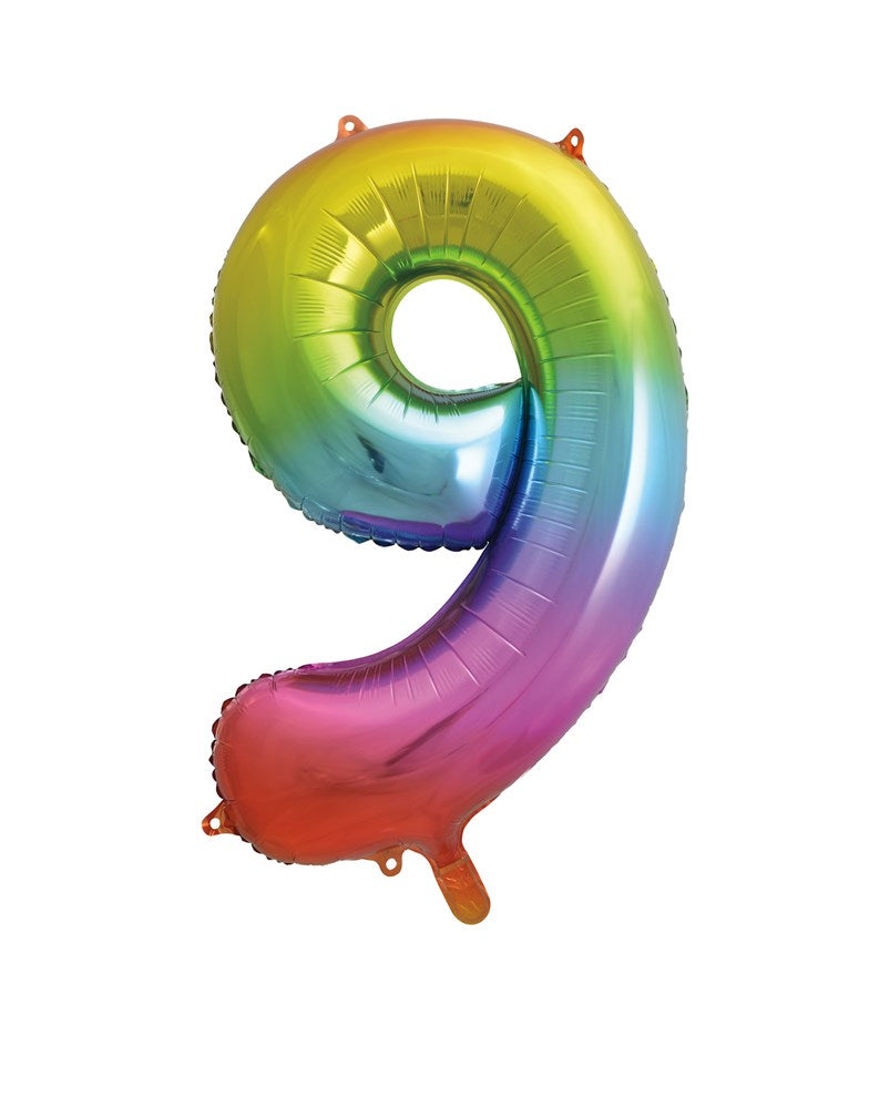 34-inch rainbow gradient foil balloon shaped as the number 9 with glossy finish and inflation tabs.