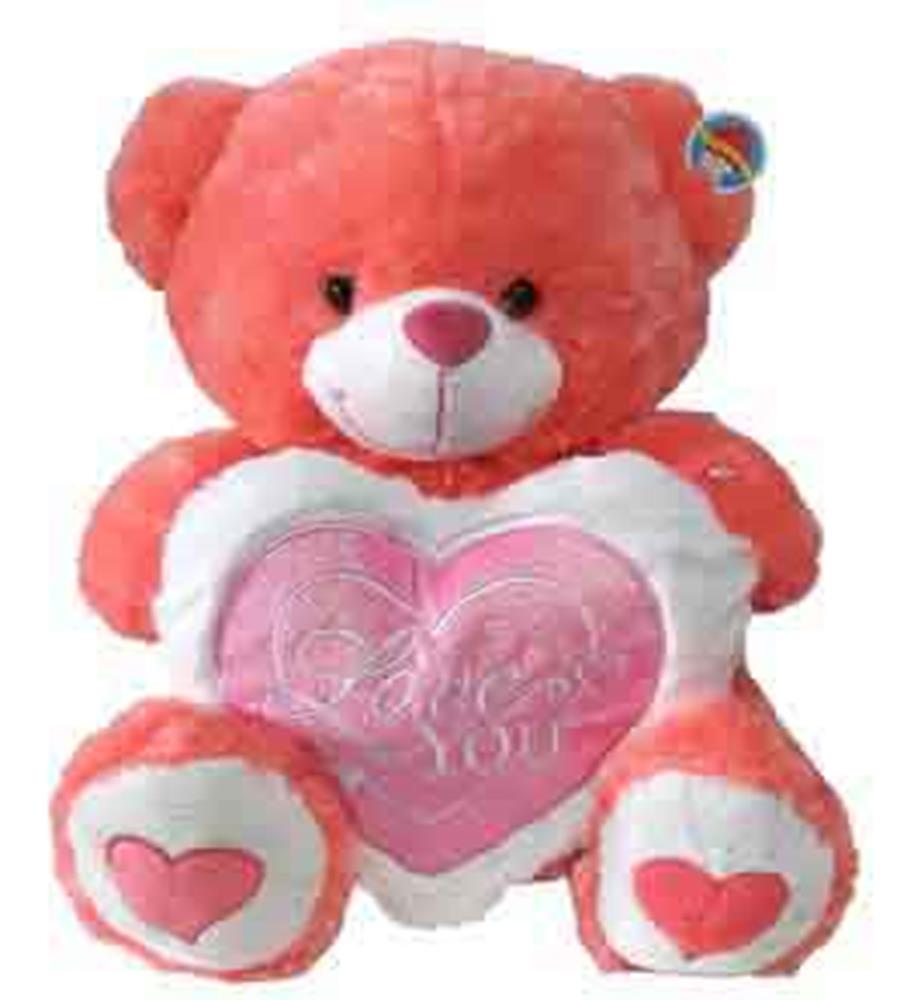 Coral pink plush teddy bear holding a white heart pillow with pink center and "Love You" embroidery.