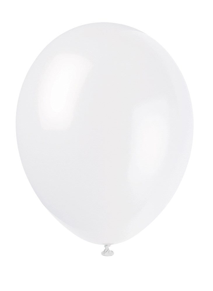 White 12-inch round latex balloon with a glossy finish and tied end.