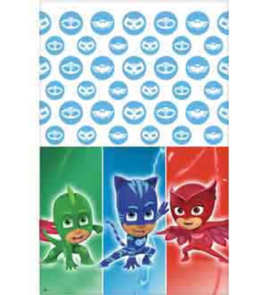 PJ Masks tablecover with blue mask icons on white top border and colorful panels featuring green, blue, and red superheroes.