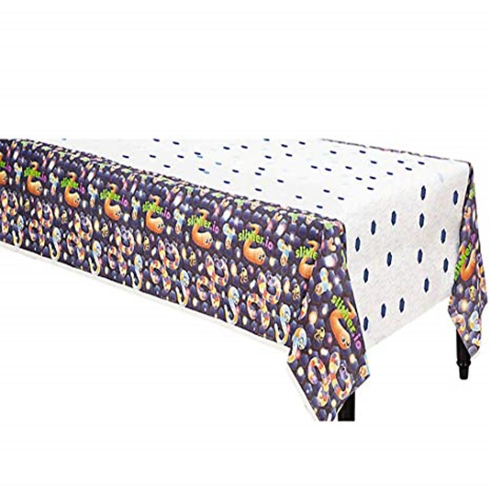 Rectangular tablecover with Slither.io snake characters on dark blue sides and white top with blue polka dots, 54x100 inches.